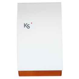 KSI-IMAGO-WLS-WO Sirène extérieure imago wls, bande 868 MHz/bidirectionnel, auto-alimentée et avec émetteur-récepteur et protection metallique galvanisée incassable (batterie exclue). Couleur: blanc avec un fond transparent orange.