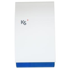KSI-IMAGO-WLS-WB Sirène extérieure imago wls, bande 868 MHz/bidirectionnel, auto-alimentée et avec émetteur-récepteur et protection metallique galvanisée incassable (batterie exclue). Couleur: blanc avec un fond transparent bleu.