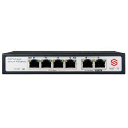 SFI-SW0604POE-60W Switch PoE Safire - 4 ports PoE + 2 Uplink RJ45 - Vitesse 10/100 Mbps - Puissance 25,5 W par port - Puissance maximale totale 60 W - Norme IEEE802.3at (PoE) / af (PoE+)
