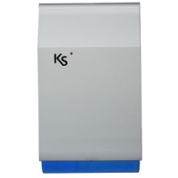 Sirène acoustique/lumineuse extérieur pour KS BUS imago, auto-alimenté à faible consommation, avec protection metallique galvanisée incassable (batterie exclue), de couleur gris métallisé avec un fond transparent bleu.