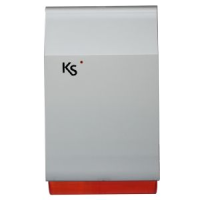 Sirène acoustique/lumineuse extérieur pour KS BUS imago, auto-alimenté à faible consommation, avec protection metallique galvanisée incassable (batterie exclue), de couleur gris métallisé avec un fond transparent rouge.