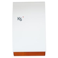 Sirène acoustique/lumineuse extérieur pour KS BUS imago, auto-alimenté à faible consommation, avec protection metallique galvanisée incassable (batterie exclue), de couleur blanche avec un fond transparent orange.