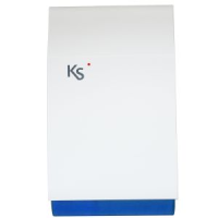 Sirène acoustique/lumineuse extérieur pour KS BUS imago, auto-alimenté à faible consommation, avec protection metallique galvanisée incassable (batterie exclue), de couleur blanche avec un fond transparent bleu.