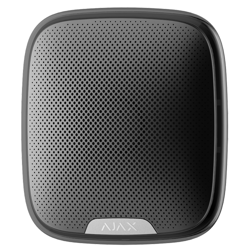 Ajax - Sirène pour extérieur - Certificat de grade 2 - Bidirectionnel - Sans fil 868 MHz Jeweller - Antenne interne espace libre 2000 m - 85~113 dB a 1 m de distance - Durée maximale du son 3 minutes - Lumière d'avertissement d'alarme et armer/désarmer - 
