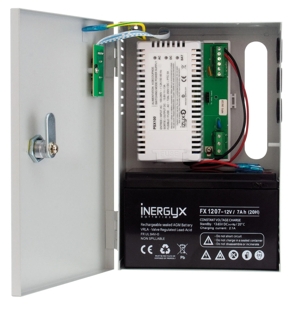 Alimentation Chargeur (secourue) en coffret métal PSX100, 230V AC / 12V DC (13,8V) / 1,5A, 164 x 244 x 74 mm, voyants d'état en façade, triple protection en sortie (court-circuit / surcharge / surtension)