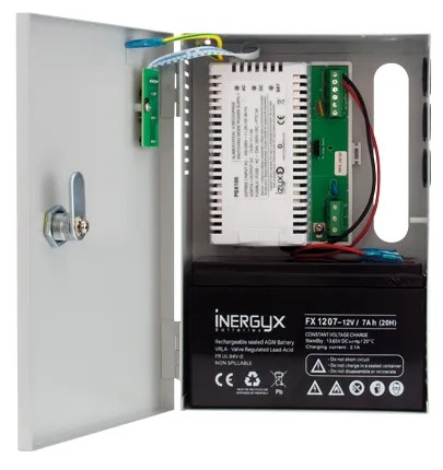 Alimentation Chargeur (secourue) en coffret métal PSX100, 230V AC / 12V DC (13,8V) / 3A, 164 x 244 x 74 mm, voyants d'état en façade, triple protection en sortie (court-circuit / surcharge / surtension)