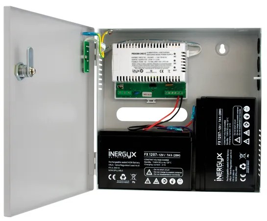 Alimentation Chargeur (secourue) en coffret métal PSX300, 230V AC / 24V DC (27,6V) / 1,5A, 265 x 265 x 72 mm, voyants d'état en façade, triple protection en sortie (court-circuit / surcharge / surtension)
