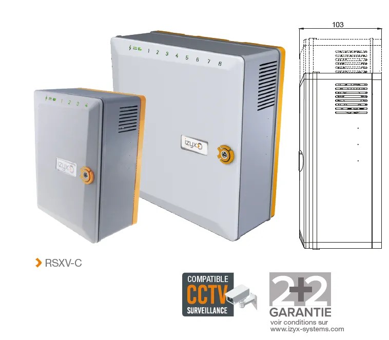 Alimentation multivoies chargeur (secourue) en coffret ABS RSXV-C, 4 voies, 230V AC / 12V DC (13,8V) / 8A - 271 x 265 x 103 mm, contact d'autoprotection, voyants d'état face avant, protection fusible en entrée et sorties