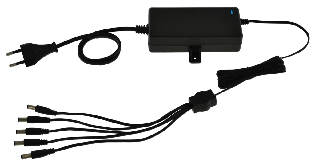 Alimentation PST bloc table, 5 voies, 230V AC / 12V DC / 5A Câble 2m avec fiche DC, voyant d'état sortie DC OK, triple protection en sortie (court-circuit / surcharge / surtension)