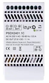 Alimentation PSDX chargeur (secourue) rail DIN 3M 230V AC / 24V DC (27,6V) / 1,1A, triple protection en sortie (court-circuit / surcharge / surtension)