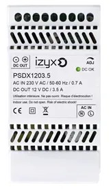 Alimentation PSDX rail DIN 3M 230V AC / 12V DC (12-14V) / 3,5A, triple protection en sortie (court-circuit / surcharge / surtension)