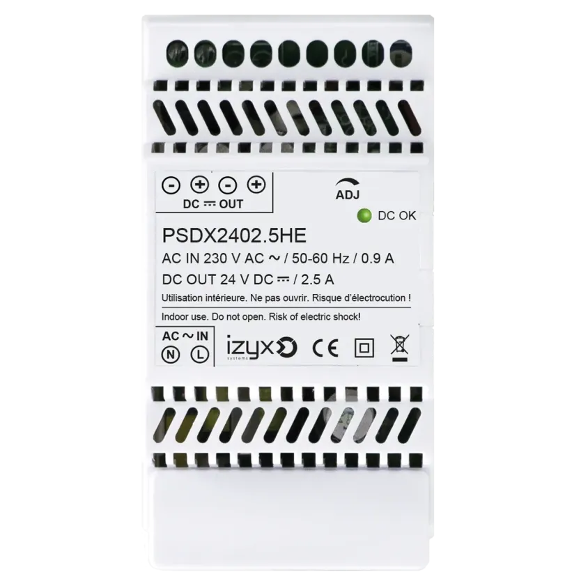 Alimentation PSDX rail DIN 3M 230V AC / 27,6V DC (24-28V) / 2,5A, triple protection en sortie (court-circuit / surcharge / surtension)