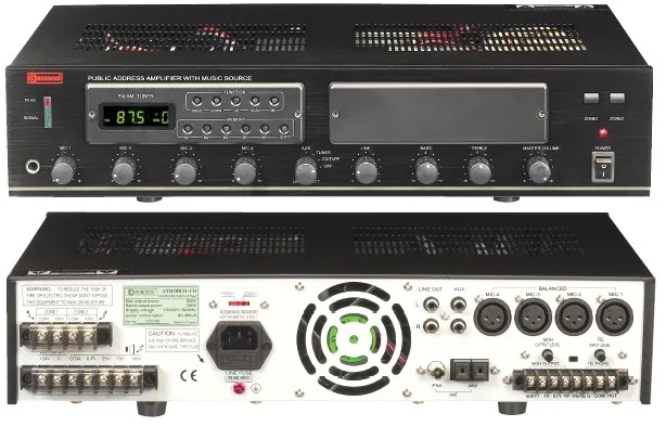 Ampli-préampli Tuner + CD MP3 avec port USB/SD/MMC 120 Watts - 5 entrées - 8 Ohms - lignes 70V/100V -220-240V/24V 