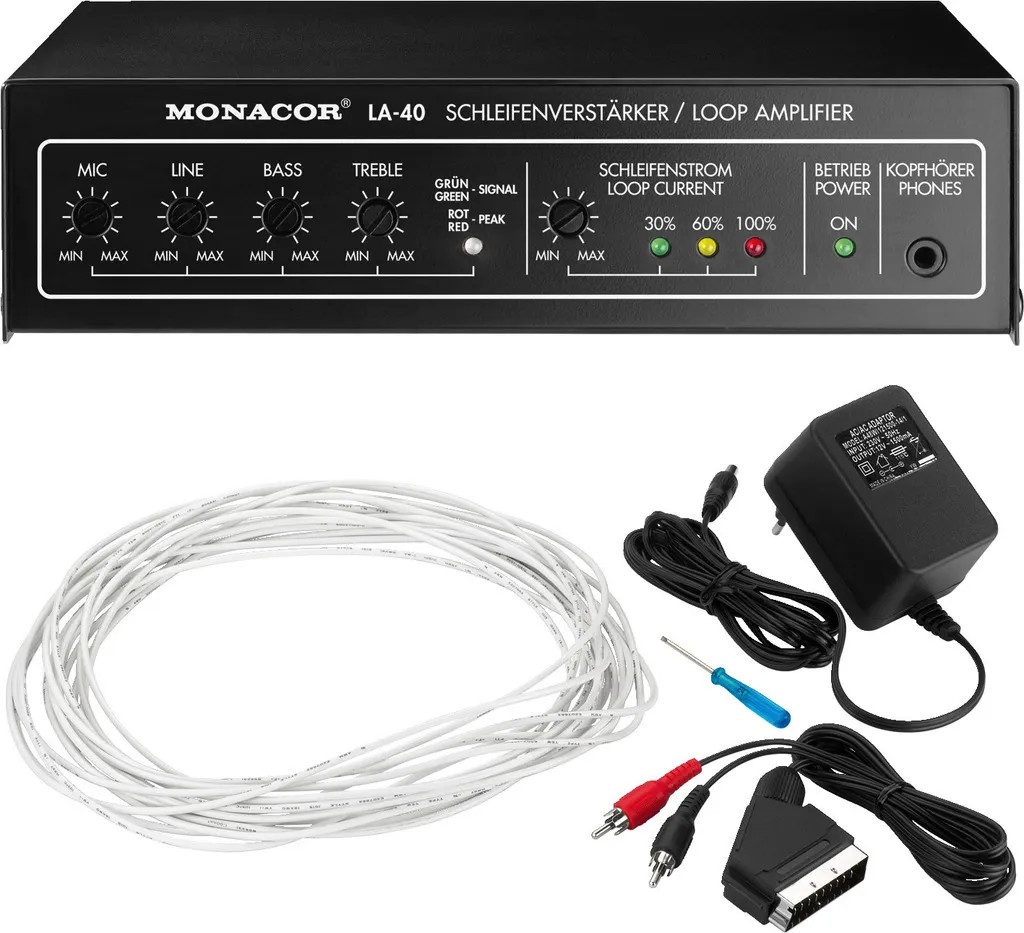 Amplificateur boucle magnétique (livré avec 35m de fil, adaptateur péritel, alimentation)