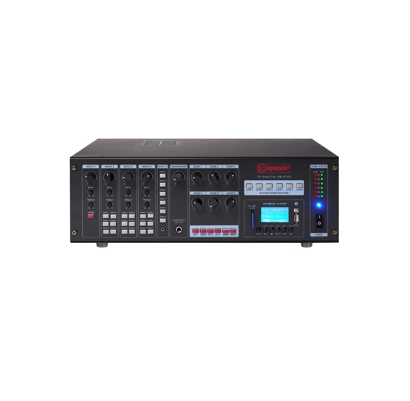 Amplificateur-matrice 6 x 100 W - Tuner et Lecteur USB/SD - ligne 100 volts