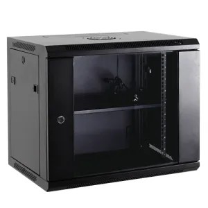 Armoire Rack de 19" - 12U - 600*600 - Installation mural - Capacité de charge 60 Kg - Degré de protection IP20 - Panneau latéral démontable - La partie inférieure et la partie frontale ventilée  - Réglette de 6 prises - Inclus 2 ventilateurs 1 plateau