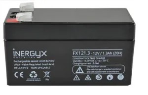 Batterie rechargeable VRLA INERGYX, 12V / 1,3 Ah - Bac FR UL94 V-0 - 97 x 43 x 51/57 mm - Bornes FASTON F1 - 4,75 x 0,8 mm