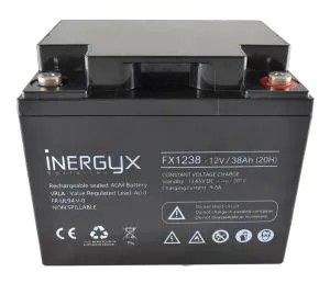 Batterie rechargeable VRLA INERGYX, 12V / 38 Ah - Bac FR UL94 V-0 - 197 x 166 x 174 mm - Insert fileté M6