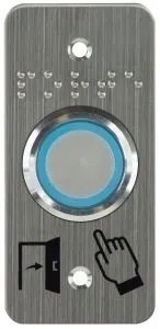 Bouton poussoir SS25PMR, acier inox, Ø 25 mm, Halo bleu/vert, buzzer et Relais temporisé + Plaque acier inox SSP125, 39,5 x 84,5 mm, perçage Ø 25 mm, pictogrammes "Porte + doigt" et "PORTE" en braille