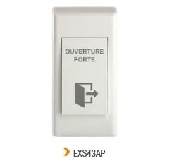 Bouton poussoir ABS, étroit, pour pose en applique, 86 x 43 x 22/19mm, 1 contact inverseur CO/NO/NF, picto et texte OUVERTURE PORTE
