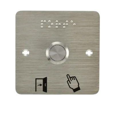 Bouton poussoir SS19, acier inox, Ø 19 mm, Contact NO+NC, raccordement par cosses à souder + Plaque acier inox SSP201, 80 x 80 mm, perçage Ø 19 mm, pictogrammes "Porte + doigt" et "PORTE" en braille