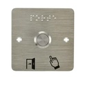 Bouton poussoir SS19, acier inox, Ø 19 mm, Contact NO+NC, raccordement par cosses à souder + Plaque acier inox SSP201, 80 x 80 mm, perçage Ø 19 mm, pictogrammes "Porte + doigt" et "PORTE" en braille