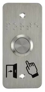 Bouton poussoir SS19 acier inox Ø 19 mm, Contact NO+NC, raccordement par fils (précablé) +  Plaque acier inox SSP101, 39,5 x 84,5 mm, perçage Ø 19 mm, pictogrammes "Porte + doigt" et "PORTE" en braille