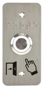 Bouton poussoir SS19, acier inox, Ø 19 mm, Halo blanc, 12V AC/DC, Contact NO+NC, raccordement par fils (précablé) +  Plaque acier inox SSP101, 39,5 x 84,5 mm, perçage Ø 19 mm, pictogrammes "Porte + doigt" et "PORTE" en braille