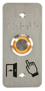 Bouton poussoir SS19, acier inox, Ø 19 mm, Halo jaune, 12V AC/DC, Contact NO+NC, raccordement par cosses à souder +  Plaque acier inox SSP101, 39,5 x 84,5 mm, perçage Ø 19 mm, pictogrammes "Porte + doigt" et "PORTE" en braille