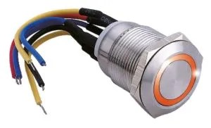 Bouton poussoir SS19, acier inox, Ø 19 mm, Halo orange, 12V AC/DC, Contact NO+NC, raccordement par fils (précablé)