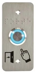 Bouton poussoir SS19, acier inox, Ø 19 mm, Halo bleu, 12V AC/DC, Contact NO+NC, raccordement par fils (précablé) +  Plaque acier inox SSP101, 39,5 x 84,5 mm perçage Ø 19 mm, pictogrammes "Porte + doigt" et "PORTE" en braille