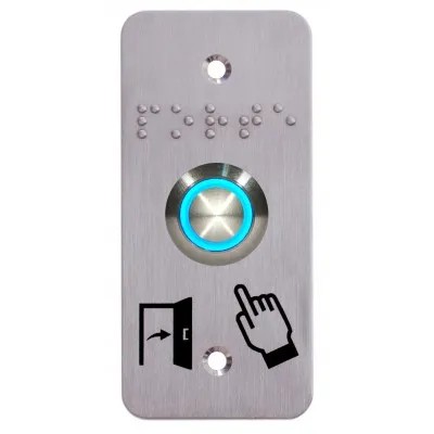Bouton poussoir SS19, acier inox, Ø 19 mm,  Halo bleu, 12V AC/DC, Contact NO+NC, raccordement par bornes à vis +  Plaque acier inox SSP101, 39,5 x 84,5 mm, perçage Ø 19 mm, pictogrammes "Porte + doigt" et "PORTE" en braille