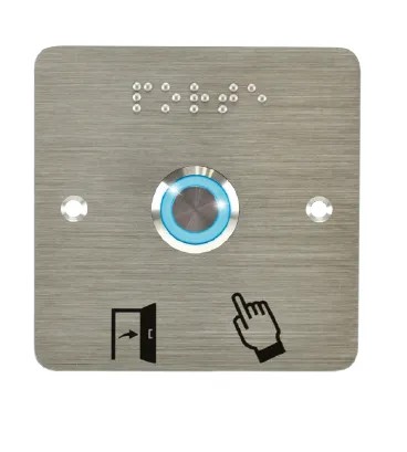 Bouton poussoir SS19, acier inox, Ø 19 mm, Halo bleu, 12V AC/DC, Contact NO+NC, raccordement par bornes à vis + Plaque acier inox SSP201, 80 x 80 mm, perçage Ø 19 mm, pictogrammes "Porte + doigt" et "PORTE" en braille
