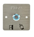 Bouton poussoir SS19, acier inox, Ø 19 mm, Halo bleu, 12V AC/DC, Contact NO+NC, raccordement par bornes à vis + Plaque acier inox SSP201, 80 x 80 mm, perçage Ø 19 mm, pictogrammes "Porte + doigt" et "PORTE" en braille