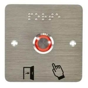 Bouton poussoir SS19, acier inox, Ø 19 mm, Halo orange, 12V AC/DC, Contact NO+NC, raccordement par fils (précablé) + Plaque acier inox SSP201, 80 x 80 mm, perçage Ø 19 mm, pictogrammes "Porte + doigt" et "PORTE" en braille