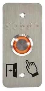 Bouton poussoir SS19, acier inox, Ø 19 mm, Halo orange, 12V AC/DC, Contact NO+NC, raccordement par bornes à vis +  Plaque acier inox SSP101, 39,5 x 84,5 mm, perçage Ø 19 mm, pictogrammes "Porte + doigt" et "PORTE" en braille