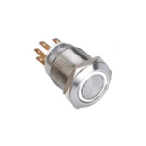 Bouton poussoir SS19, acier inox, Ø 19 mm, Halo blanc, 12V AC/DC, Contact NO+NC, raccordement par cosses à souder