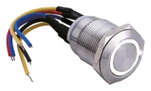 Bouton poussoir SS19, acier inox, Ø 19 mm, Halo blanc, 12V AC/DC, Contact NO+NC, raccordement par fils (précablé)