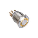 Bouton poussoir SS19, acier inox, Ø 19 mm, Halo jaune, 12V AC/DC, Contact NO+NC, raccordement par cosses à souder