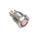 Bouton poussoir SS19, acier inox, Ø 19 mm, Halo rouge, 12V AC/DC, Contact NO+NC, raccordement par cosses à souder