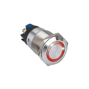 Bouton poussoir SS19, acier inox, Ø 19 mm, Halo rouge, 12V AC/DC, Contact NO+NC, raccordement par bornes à vis