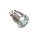 Bouton poussoir SS19, acier inox, Ø 19 mm, Halo vert, 12V AC/DC, Contact NO+NC, raccordement par cosses à souder