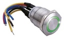 Bouton poussoir SS19, acier inox, Ø 19 mm, Halo vert, 12V AC/DC, Contact NO+NC, raccordement par fils (précablé)