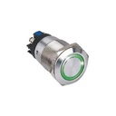 Bouton poussoir SS19, acier inox, Ø 19 mm, Halo vert, 12V AC/DC Contact NO+NC, raccordement par bornes à vis