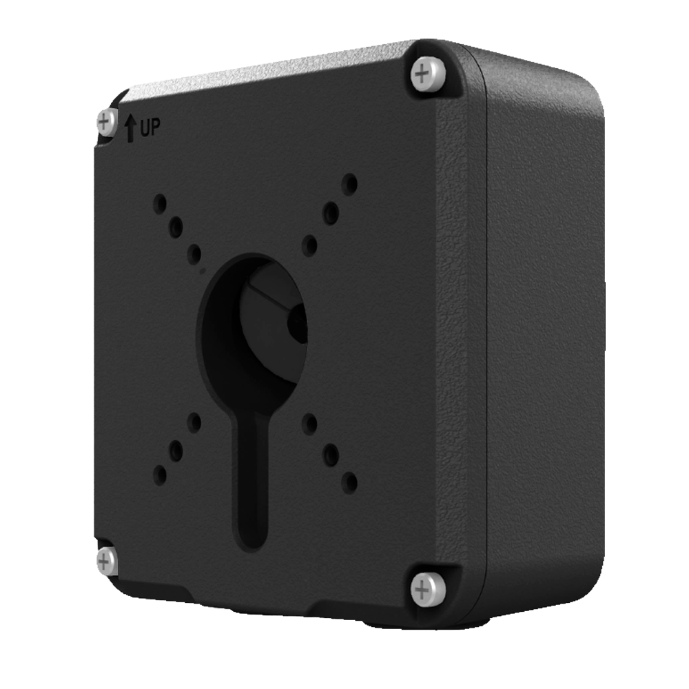 Boîte de connexion noir pour caméra  Dimensions 125x125x55mm  Compatible avec gammes UNV (dôme avec support mur, IPC212x, IPC23x, IPC25x, IPC26x, IPC74x)  Antivandale IK10  Permet de réaliser la connexion des éléments  + Entrée câble par le fond 