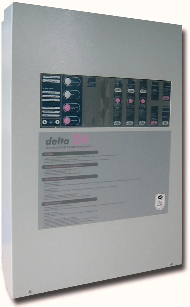 DELTA 24/8 .VM avec 4 batteries 12V/12Ah.
Nécessite un kit de téléchargement. CMSI-A ou -B de 8 fonctions maximum en coffret  mural intégrant 1 DUGE, 1 GLD10E8, 1 ACS48/3A et 1 lot ETIQ24. Sa partie modulaire peut recevoir 2 unités de signalisation et un maximum de 1 UCE8, 1 GSR8 ou/et 1 IMPA1.