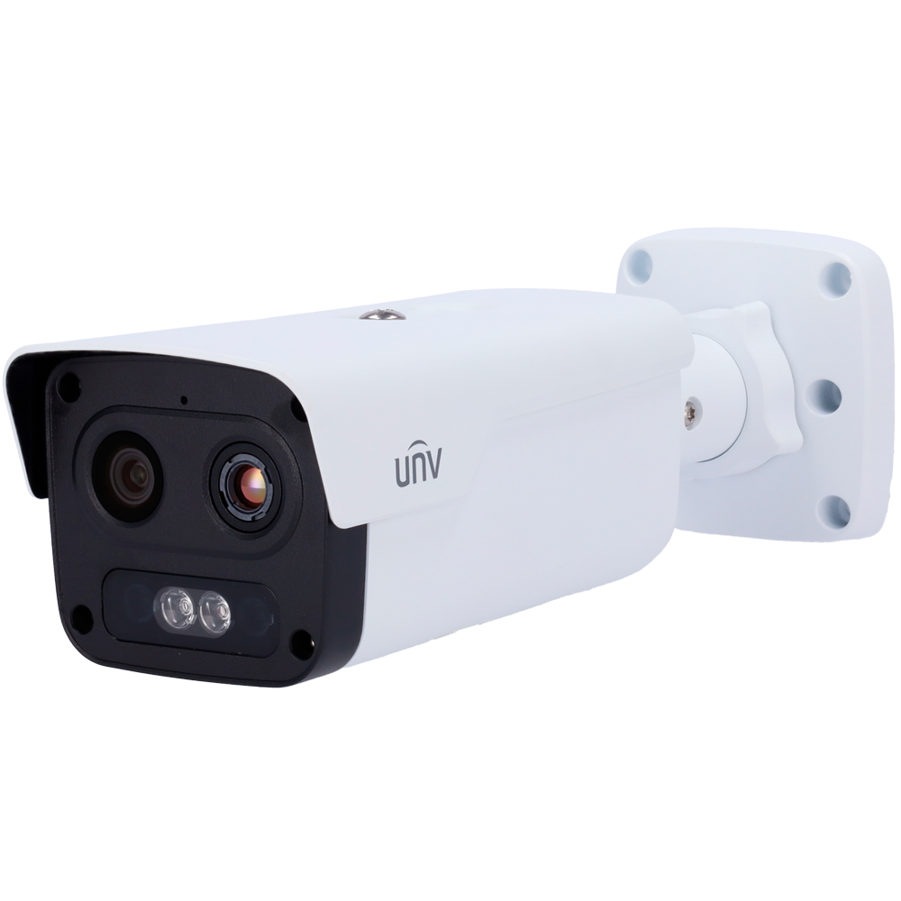 Caméra thermique Dual IP Uniview 256x192 | Objectif 7mm Capteur optique 1/2.8” 4 Mpx | Objectif 6mm Sensibilité thermique = 55mK Détec. prévention des incendies, alarme et SIP Intervalle de mesure temp -20~150ºC / ± 8ºC