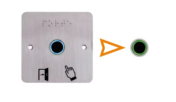 Capteur Infrarouge IRS, Ø 19 mm, 12/24V DC, Halo bleu/vert Buzzer Relais temporisé +  Plaque acier inox SSP201, 80 x 80 mm perçage Ø 19 mm, pictogrammes "Porte + doigt" et "PORTE" en braille