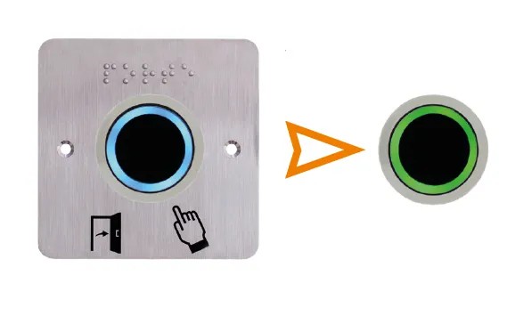 Capteur Infrarouge IRS, Ø 38 mm, 12/24V DC, Halo bleu/vert, Relais temporisé + Plaque acier inox SSP231, 80 x 80 mm, perçage Ø 38 mm, pictogrammes "Porte + doigt" et "PORTE" en braille