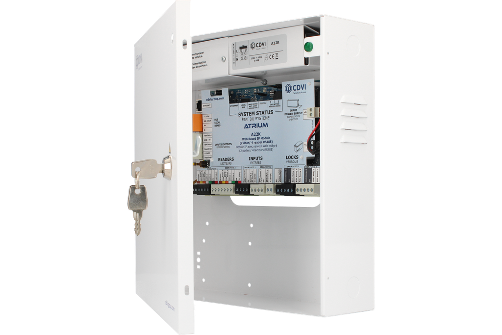Contrôleur ATRIUM KRYPTO en coffret • 2 portes & 4 lecteurs Bus/Wiegand, du 125kHz au Mifare Desfire EV2 • Jusqu'à 250 centrales & 500 portes en simultanés • Logiciel/Webserver inclus • Gestion des ascenseurs, plans, caméras…